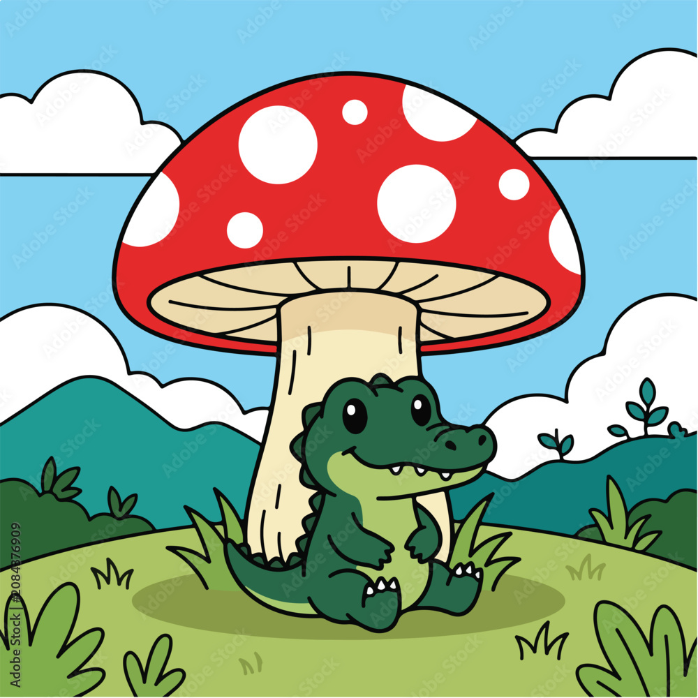 Obraz premium Cute Cartoon Crocodile Sitting Under Red Mushroom Vector Illustration: Happy Baby Alligator Character Under Toadstool in Meadow. Whimsical Fantasy Nature Graphic for Generative AI