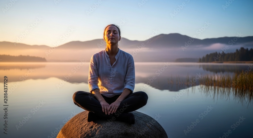 Fototapeta premium Woman practices serene meditation while seated on a large rock beside a calm body of water at sunrise