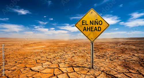 El Niño Ahead Warning Sign Depicting Climate Phenomenon in a Drought-Stricken Landscape. Severe Environmental Impact of Global Warming and Water Scarcity on Dry Cracked Earth.