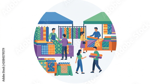 Photos People shopping for colorful textiles at an outdoor market.