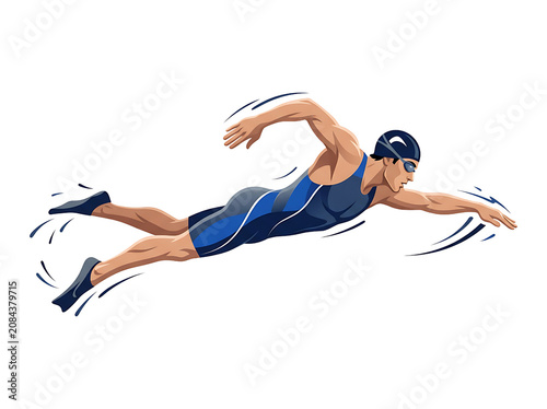 Male Athlete Swimming Freestyle Motion Vector Illustration on White Background