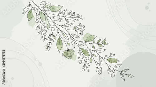 Delicate botanical illustration with watercolor leaves on light abstract background.