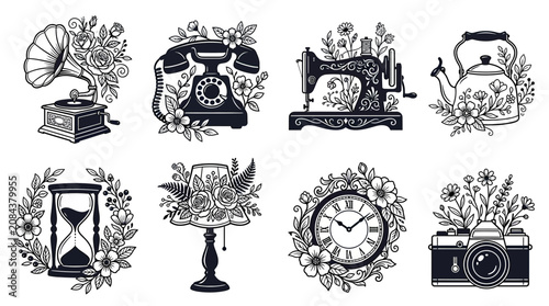 Fotografía Vintage Objects Collection: Gramophone, Phone, Sewing Machine, Kettle, Hourglass