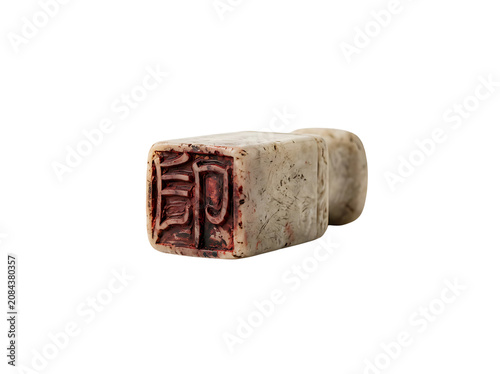 Antique Traditional Chinese Stone Seal Stamp with Red Ink Isolated on White