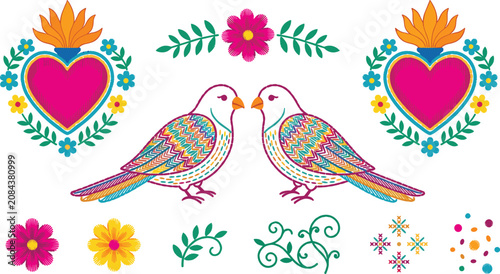 Photos Mexican Folk Art Collection with Sacred Hearts, Love Birds, Floral Ornaments, Ot