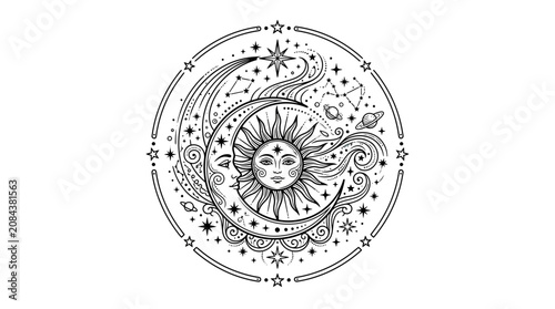 Foto Celestial bodies, sun and moon, mystical cosmic illustration, astrology, zodiac,
