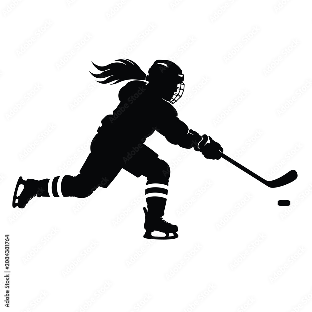Fototapeta premium Dynamic Silhouette of a Female Ice Hockey Player Skating Forward to Take a Powerful Shot with a Stick and Puck Design
