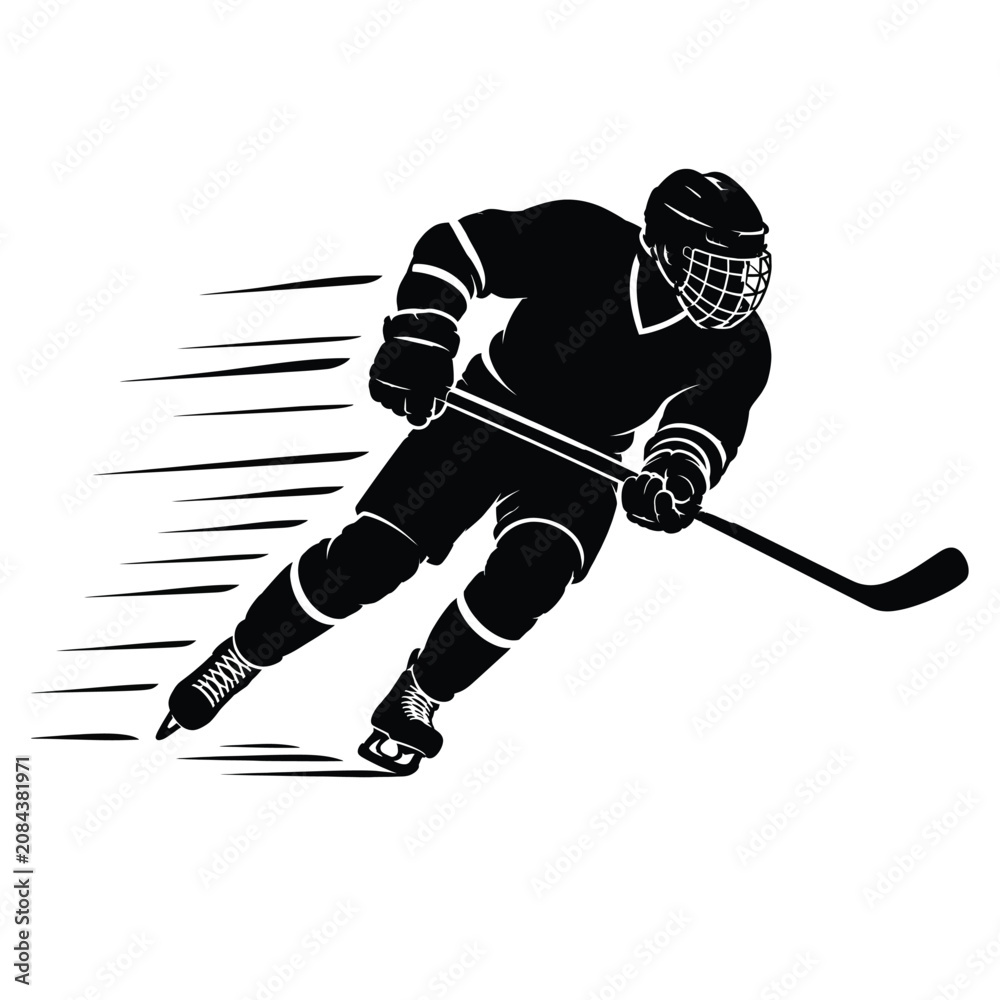 Obraz premium Dynamic Silhouette of an Ice Hockey Player Skating Fast Across the Rink Illustrating High Speed Athletic Competition
