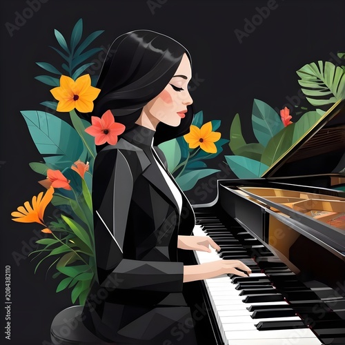 Elegant woman in a suit playing grand piano surrounded by tropical flowers and leaves, artistic musical performance concept