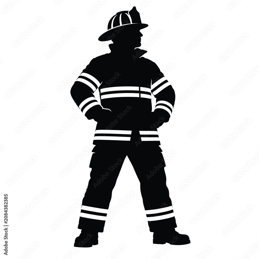 Obraz premium Black Silhouette Vector Illustration of a Courageous Firefighter Standing Proudly in Full Protective Duty Gear Uniform
