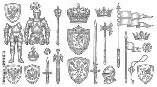 Obraz na płótnie Medieval Knight Armor, Crowns, Swords, and Heraldic Shields Collection