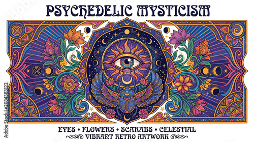 Canvastavla Psychedelic Mysticism Art: All-Seeing Eye, Scarab Beetle, Celestial & Floral Mot