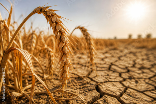 Wheat stalk growing in dry cracked earth. Agricultural land affected by extreme drought. Environmental crisis and climate change impact on natural resources and global food security.
