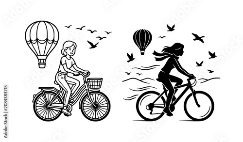 Young Woman Riding Bicycle With Birds And Hot Air Balloon Black White Vector Set