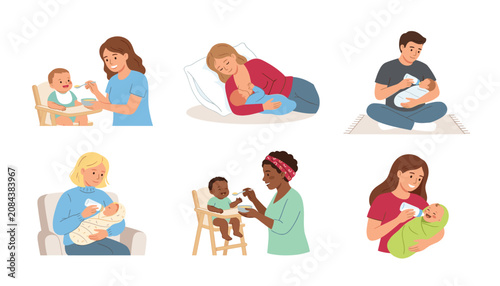 Obraz na płótnie Vector illustration set of diverse parents feeding babies by breastfeeding, bottle, and solid food, isolated on white background