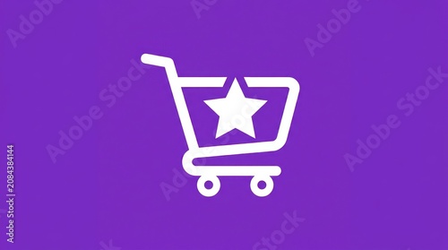 A simple purple and white graphic featuring a shopping cart icon with a star inside