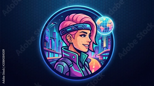 A futuristic illustration of a person with pink hair and a headband, set against a neon-lit cityscape and a glowing orb