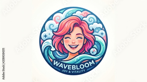 A smiling woman with wavy pink hair surrounded by stylized blue waves and white sea foam in a circular frame