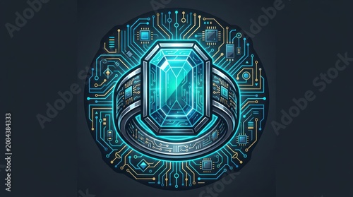 A futuristic circuit board with a glowing blue gemstone at its center