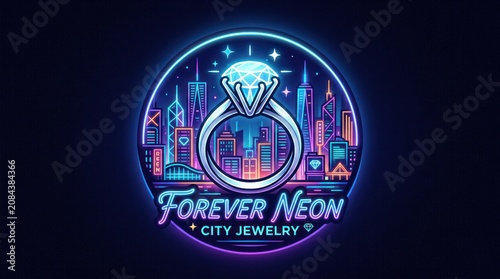 A neon-lit cityscape surrounds a large diamond ring within a circle, with stylized text below