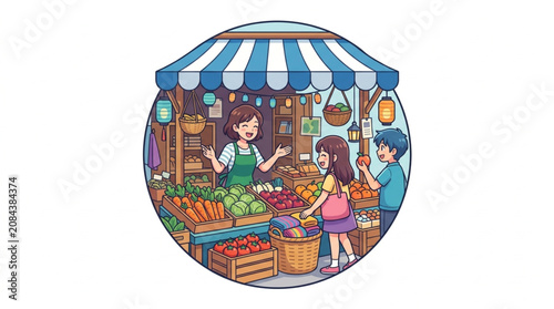 Foto People shopping at a vibrant outdoor fruit and vegetable market stall