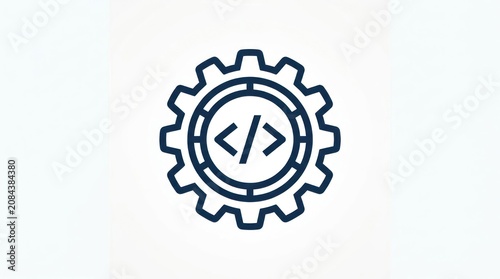 A stylized gear icon with a coding symbol at its center on a white background