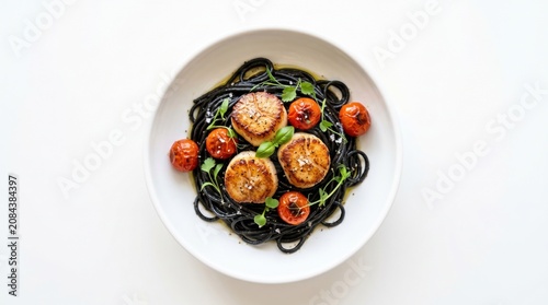 Gourmet pan-seared sea scallops served over black squid ink spaghetti with roasted cherry tomatoes and fresh herbs in white bowl. Elegant seafood dish on a minimalist white background setting.