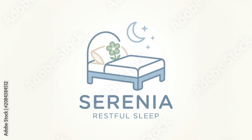 A minimalist logo features a simple line drawing of a bed with a plant and crescent moon above, conveying restful sleep
