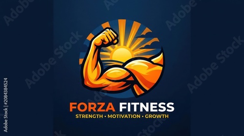 A gym logo with flexed arm, gold and orange sunburst on dark blue background with text emphasizing strength, motivation, and growth