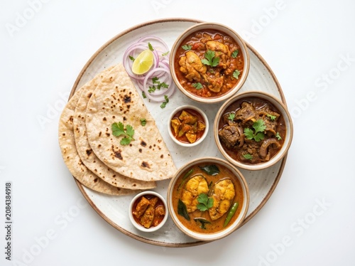 Authentic Indian thali platter with aromatic meat and fish curries, handmade wheat roti flatbread, spicy pickles, fresh red onion rings and lime garnish in bright overhead studio lighting.