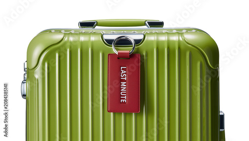 фотографія Isolated green modern suitcase with a red LAST MINUTE tag, travel and vacation