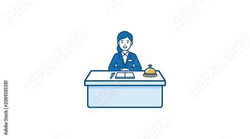 фотографія A smiling receptionist sits at a desk with a phone.
