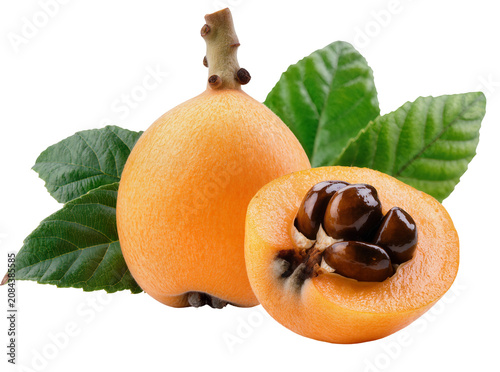 Konstfotografi Isolated sweet loquat fruit, one whole and one sliced in half showing dark brown