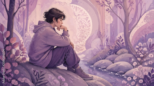 Obraz na plátně Young person in purple hoodie contemplating nature by a stream in a whimsical fo
