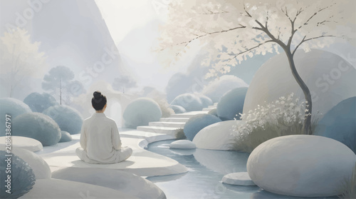 Canvas Print Serene Woman Meditating in Japanese Zen Garden with Water and Stones, Tranquil O