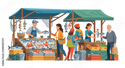 Fotografía People buying fresh fish at an outdoor market stall.