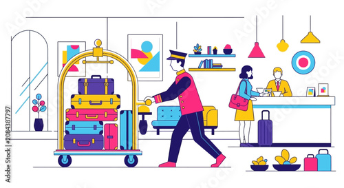 Bellhop Pushing Luggage Cart with Suitcases