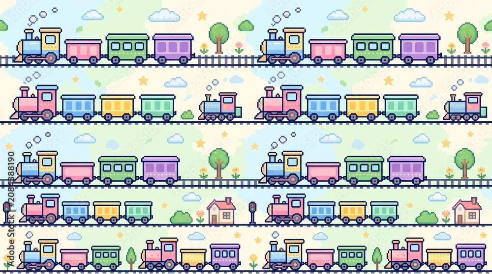 Pixel Art Train Seamless Pattern: Pastel Locomotive for Fabric and Digital Paper