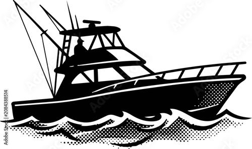 Luxury cabin cruiser yacht sailing on ocean water SVG vector logo design