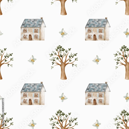 Watercolor pattern design featuring houses, trees, and bees with a white background