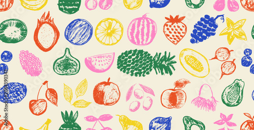 Seamless pattern hand drawn summer food, cocktail, fruits, berries icon. Retro charcoal pencil with orange, dragon fruit, plum, watermelon, grapefruit, blackberry, blueberry. Botanical sketch print.