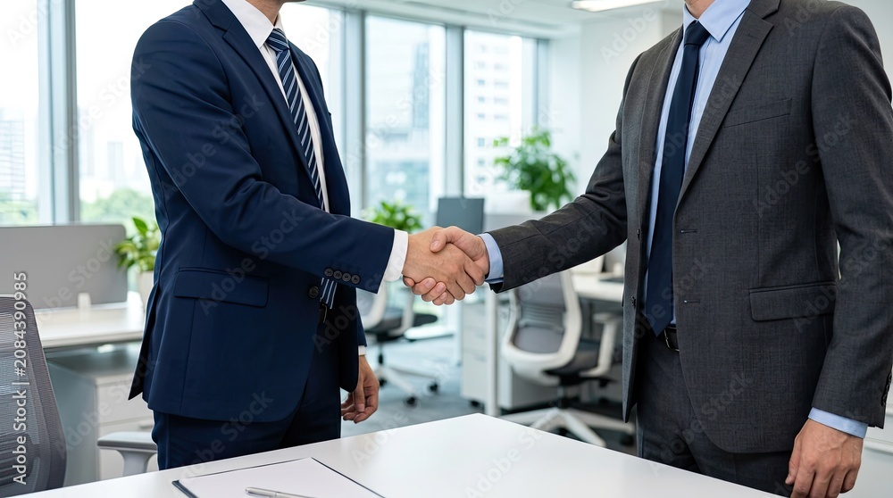 Fototapeta premium Professional Businessmen Shaking Hands, Sealing Agreement in Bright Modern Office