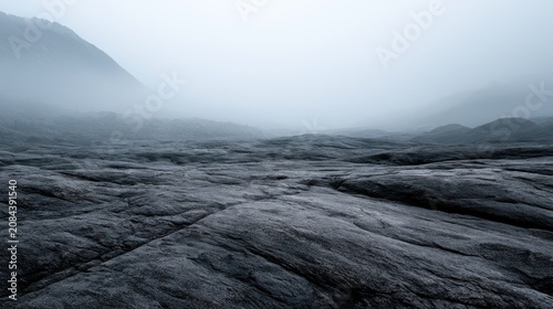 Atmospheric landscape of solidified dark volcanic lava flows shrouded in dense morning fog