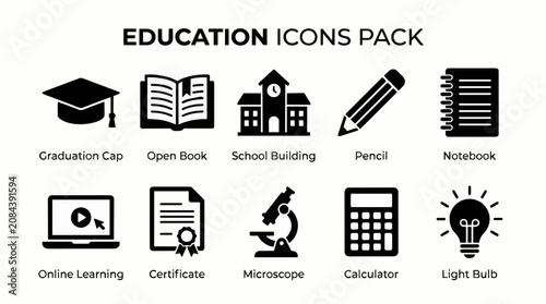 Professional black and white education vector icon set featuring essential school supplies academic symbols and learning tools for modern digital interface design and graphic project applications