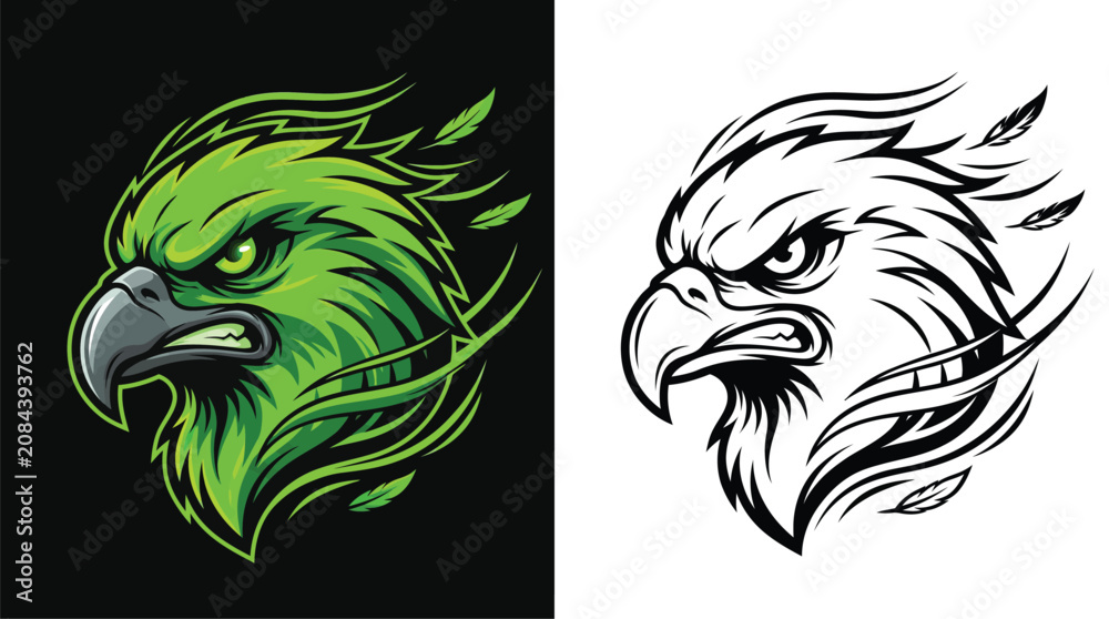 Naklejka premium Aggressive Green Eagle Head with Feathers and Flames Illustration.