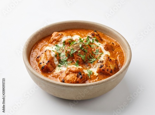 Creamy Indian butter chicken tikka masala curry garnished with fresh cilantro and a cream swirl in a rustic ceramic bowl over a bright white studio background, ideal for food menu.