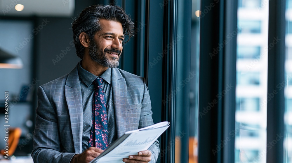 Fototapeta premium Confidently dressed man holding documents near modern office window with cityscape view.