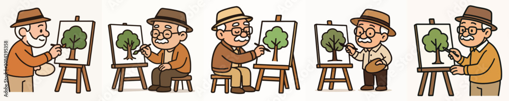 Fototapeta premium Set of vector illustrations of a grandfather drawing a tree