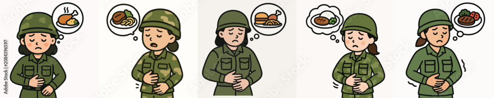 Fototapeta premium Set of vector illustrations of a hungry female soldier wanting to eat.
