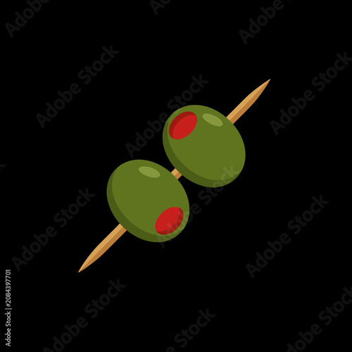 Photos Two green olives are skewered on a wooden cocktail pick
